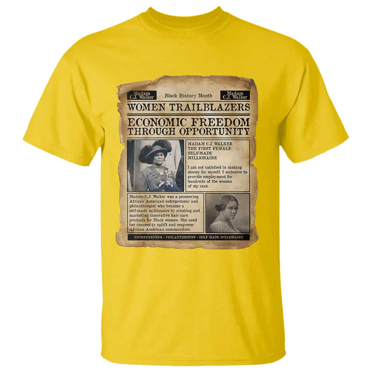 Madam CJ Walker Vintage Newspaper Style T Shirt Economic Freedom Through Opportunity - Wonder Print Shop