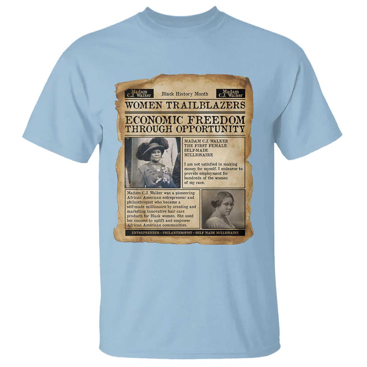 Madam CJ Walker Vintage Newspaper Style T Shirt Economic Freedom Through Opportunity - Wonder Print Shop
