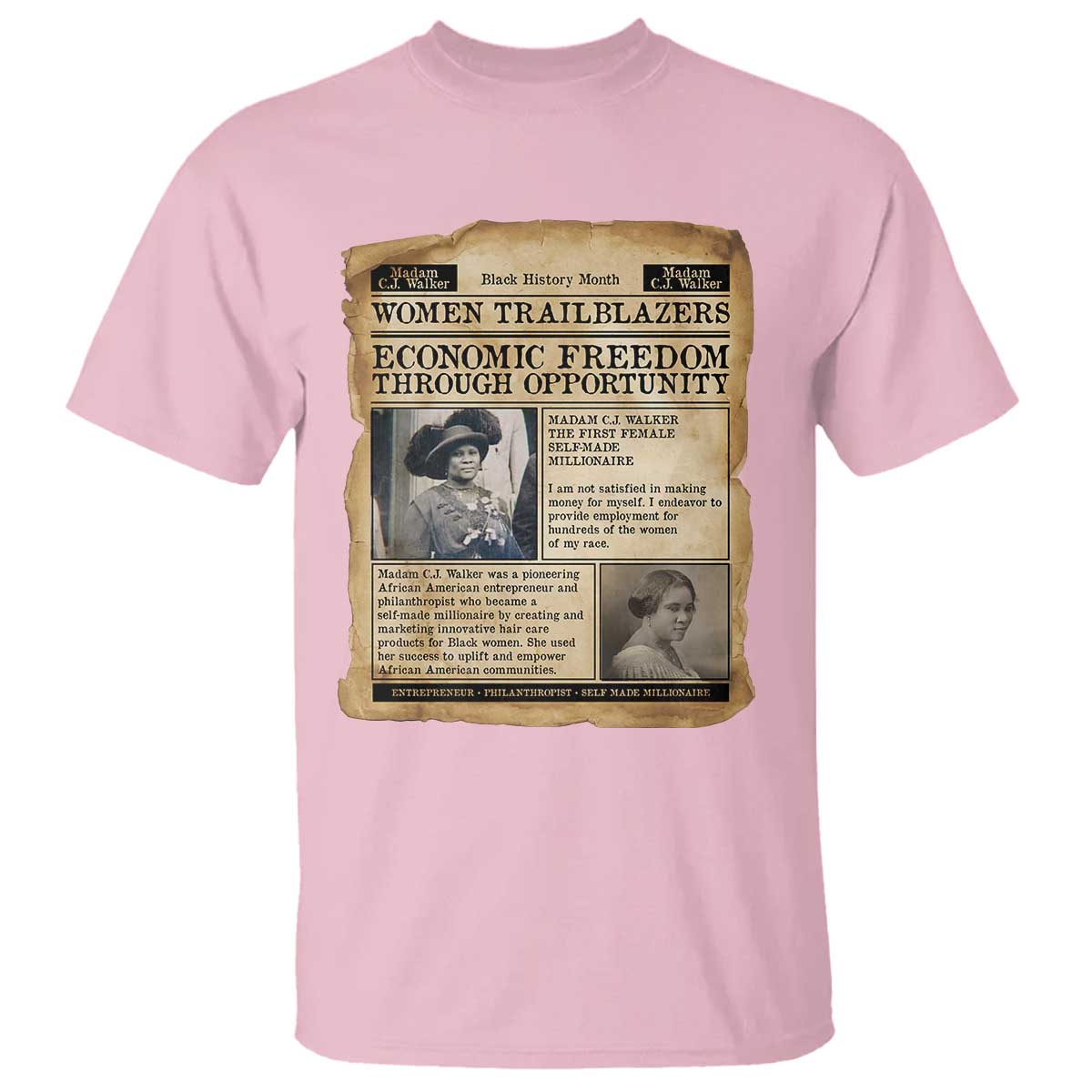 Madam CJ Walker Vintage Newspaper Style T Shirt Economic Freedom Through Opportunity - Wonder Print Shop