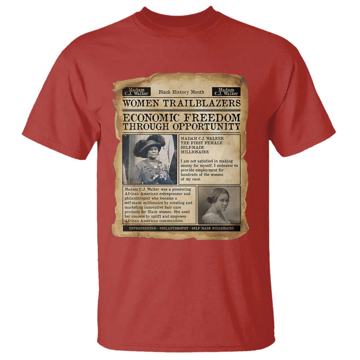 Madam CJ Walker Vintage Newspaper Style T Shirt Economic Freedom Through Opportunity - Wonder Print Shop