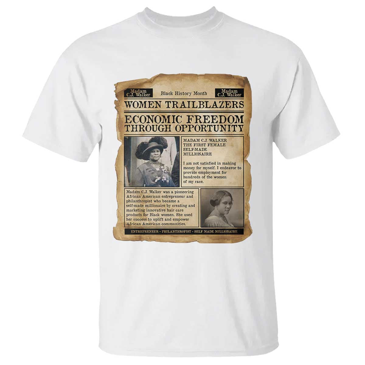 Madam CJ Walker Vintage Newspaper Style T Shirt Economic Freedom Through Opportunity - Wonder Print Shop