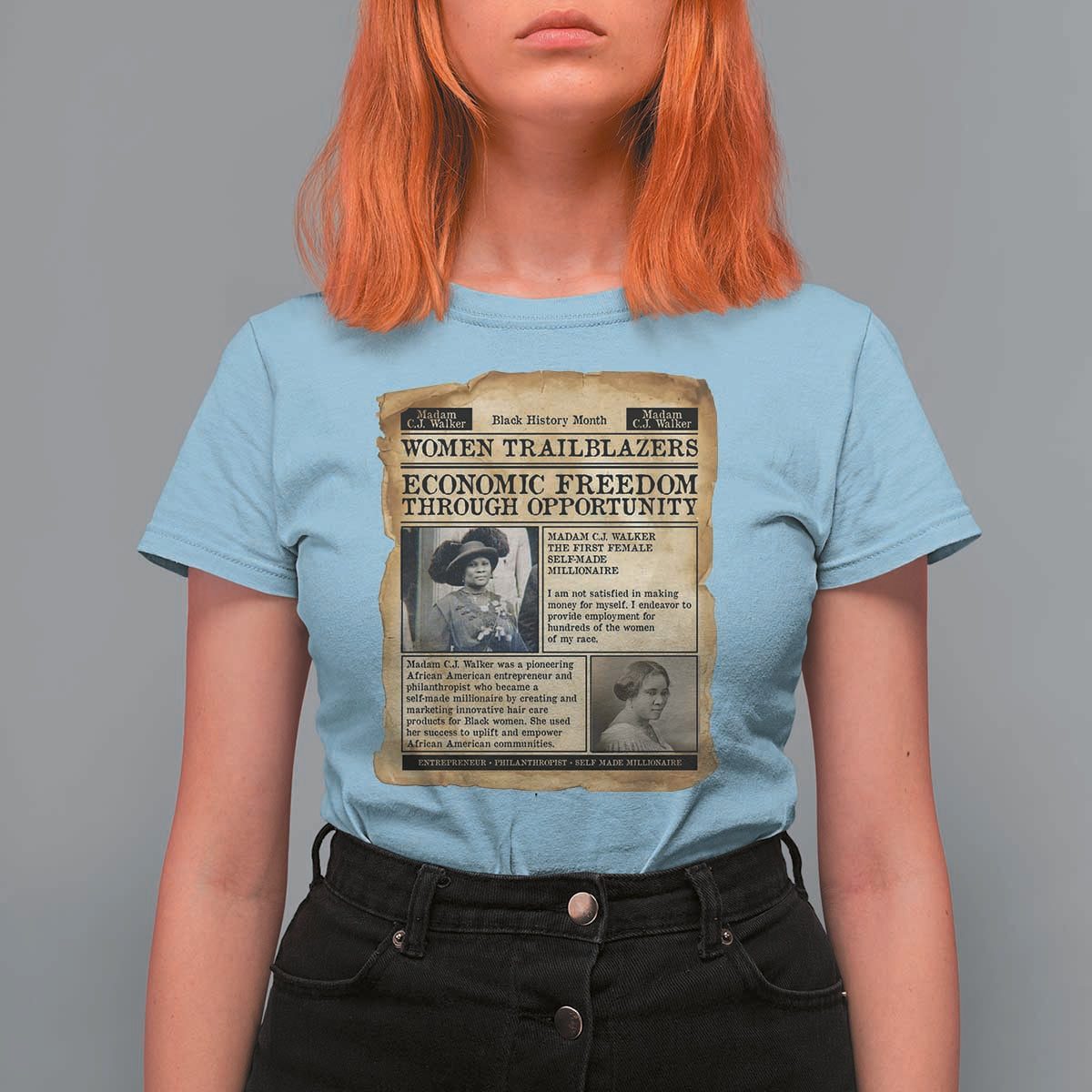 Madam CJ Walker Vintage Newspaper Style T Shirt For Women Economic Freedom Through Opportunity - Wonder Print Shop