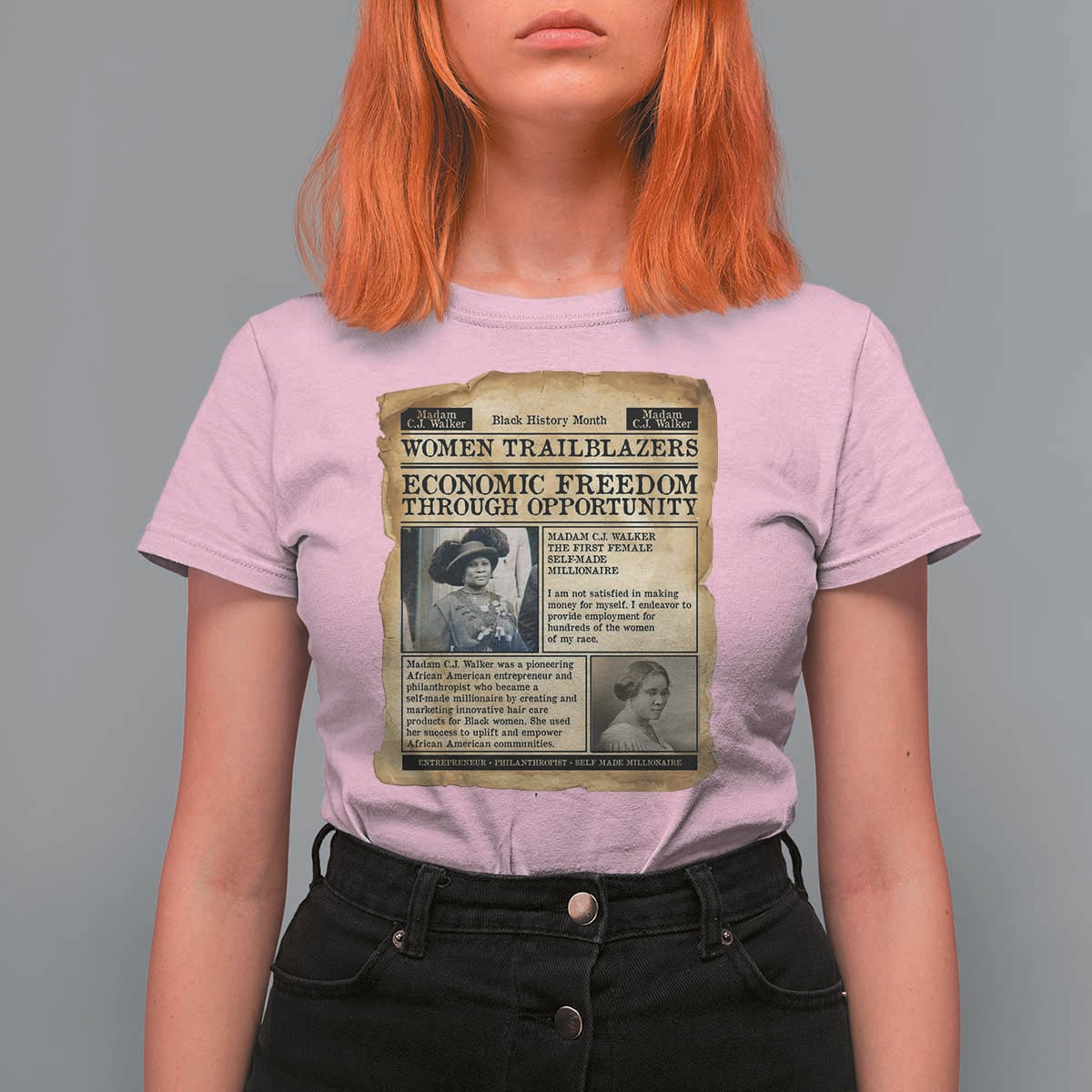 Madam CJ Walker Vintage Newspaper Style T Shirt For Women Economic Freedom Through Opportunity - Wonder Print Shop