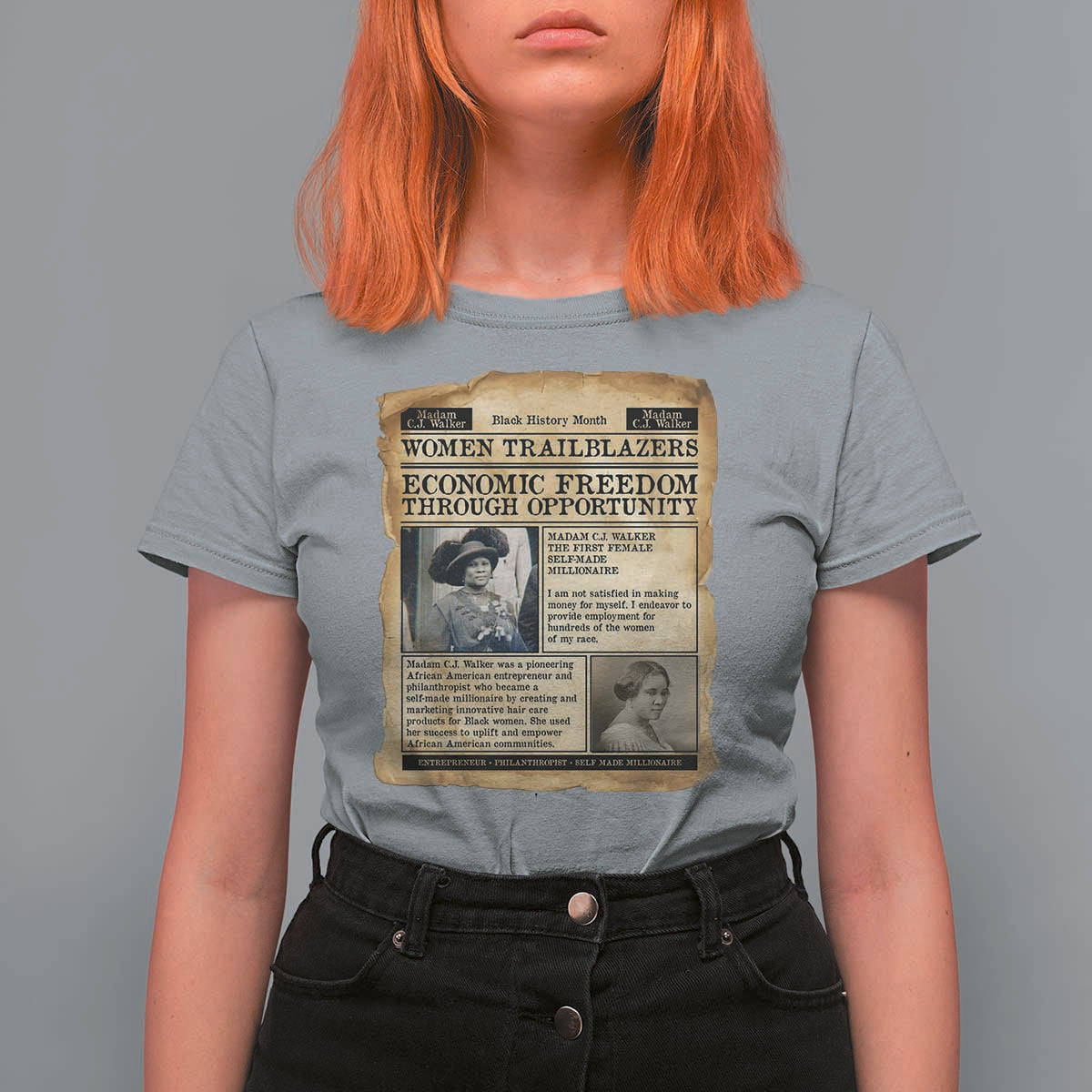Madam CJ Walker Vintage Newspaper Style T Shirt For Women Economic Freedom Through Opportunity - Wonder Print Shop