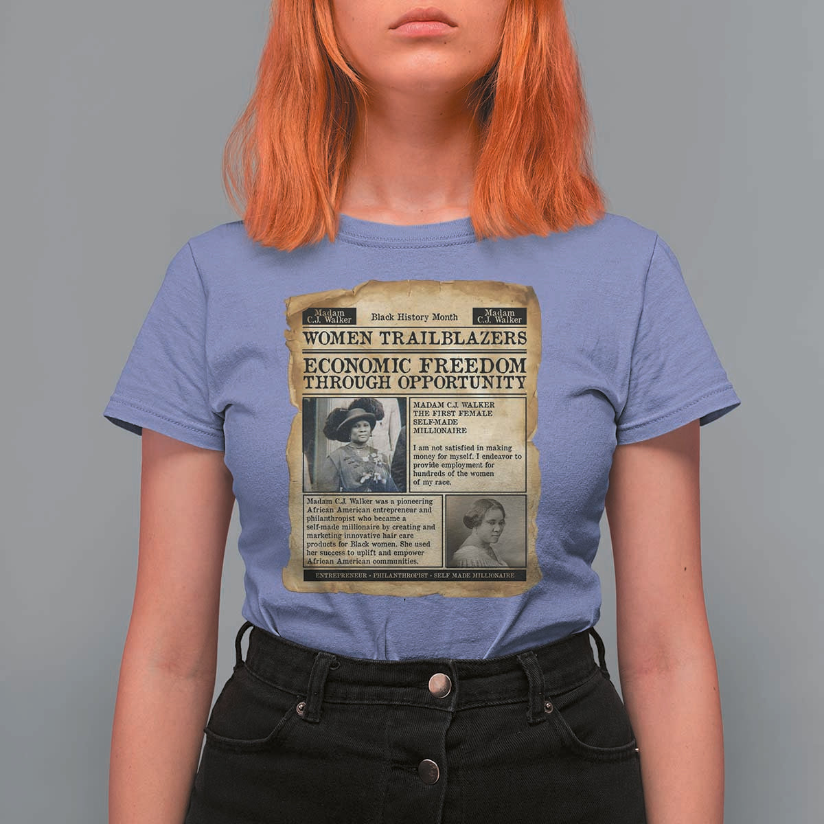 Madam CJ Walker Vintage Newspaper Style T Shirt For Women Economic Freedom Through Opportunity - Wonder Print Shop