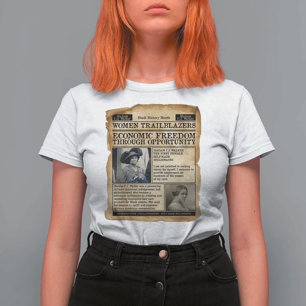Madam CJ Walker Vintage Newspaper Style T Shirt For Women Economic Freedom Through Opportunity - Wonder Print Shop