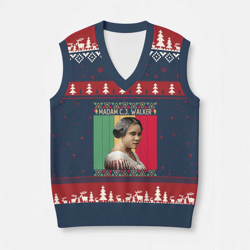 Madam CJ Walker Retro Sunset V-Neck Knit Sweater Vest Strong Black Woman Leader - Wonder Print Shop