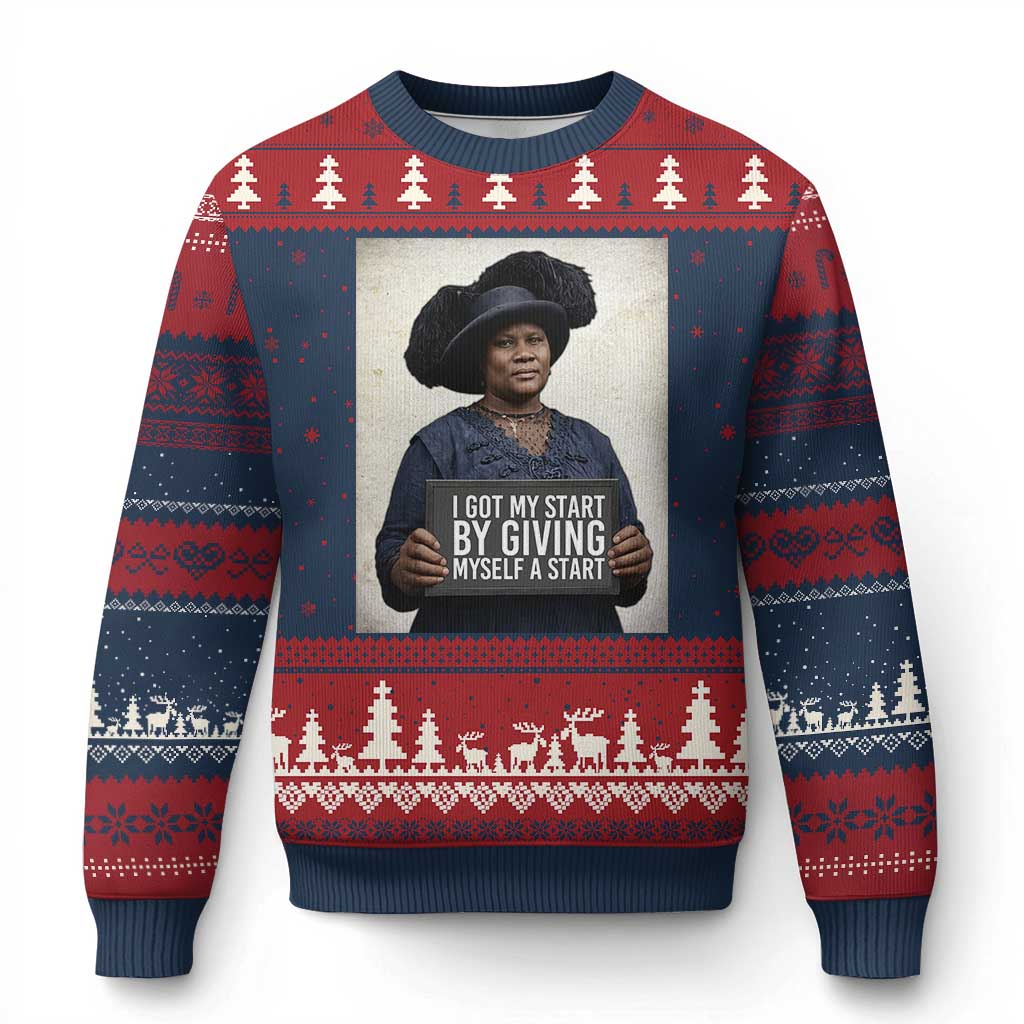 Madam CJ Walker Quote Ugly Christmas Sweater I Got My Start By Giving Myself A Start - Wonder Print Shop