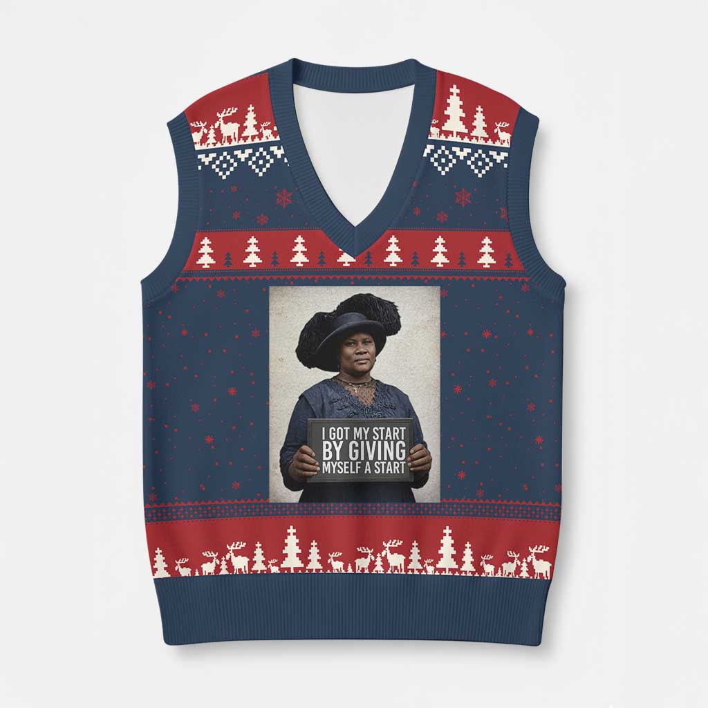 Madam CJ Walker Quote V-Neck Knit Sweater Vest I Got My Start By Giving Myself A Start - Wonder Print Shop