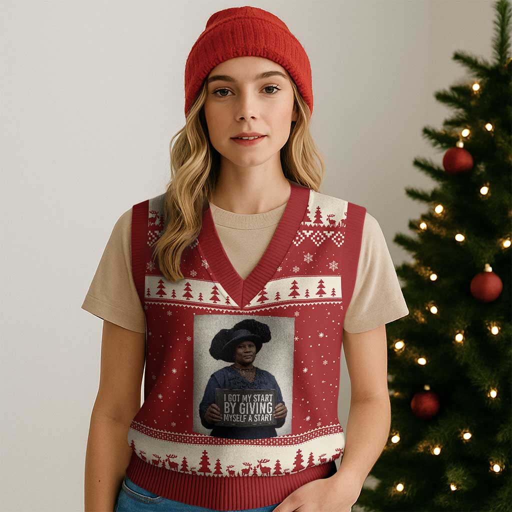 Madam CJ Walker Quote V-Neck Knit Sweater Vest I Got My Start By Giving Myself A Start - Wonder Print Shop
