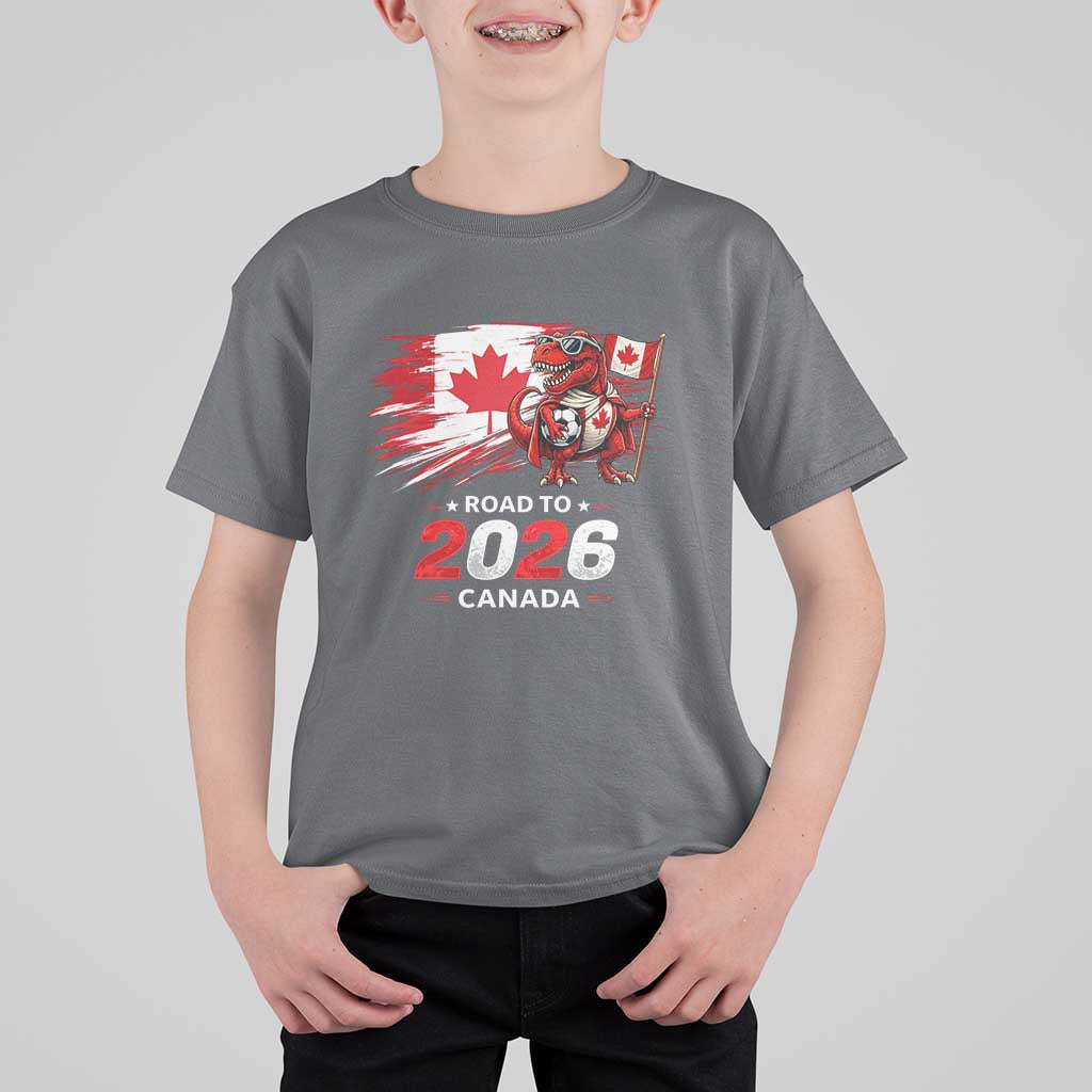 Funny Canada Soccer Dinosaur T Shirt For Kid Road To 2026