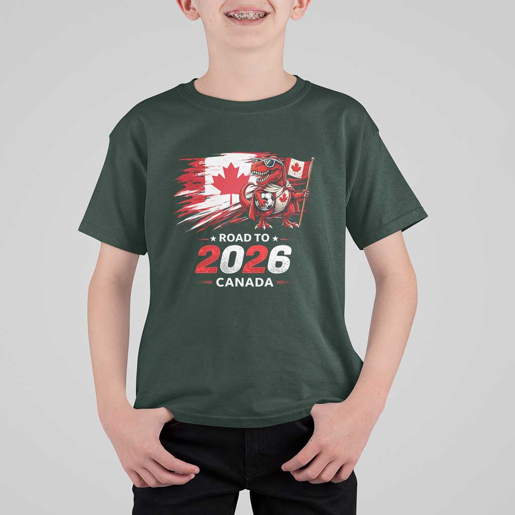 Funny Canada Soccer Dinosaur T Shirt For Kid Road To 2026