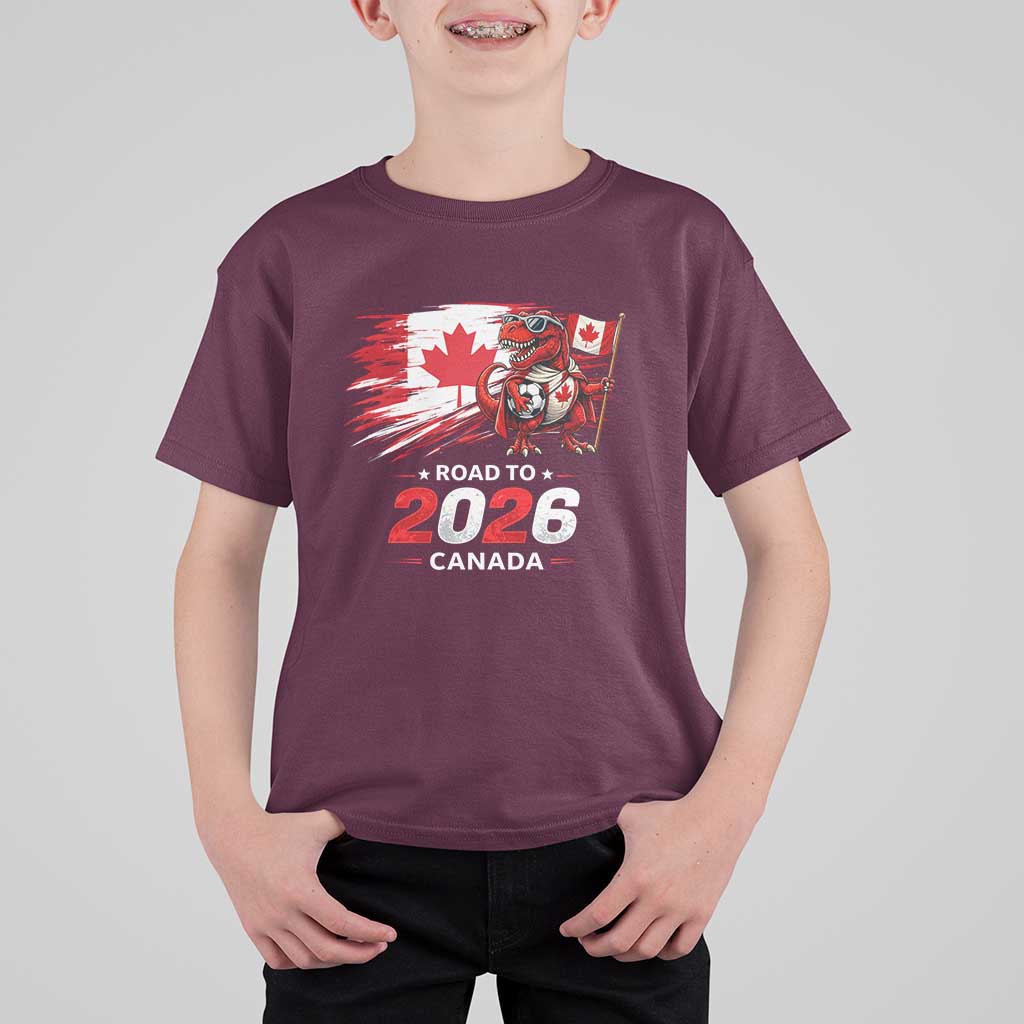 Funny Canada Soccer Dinosaur T Shirt For Kid Road To 2026