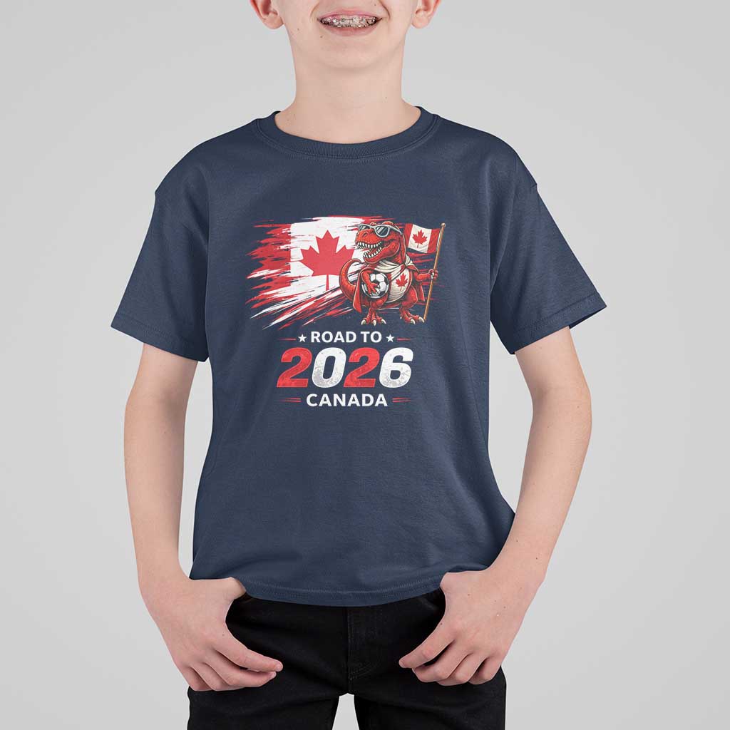 Funny Canada Soccer Dinosaur T Shirt For Kid Road To 2026