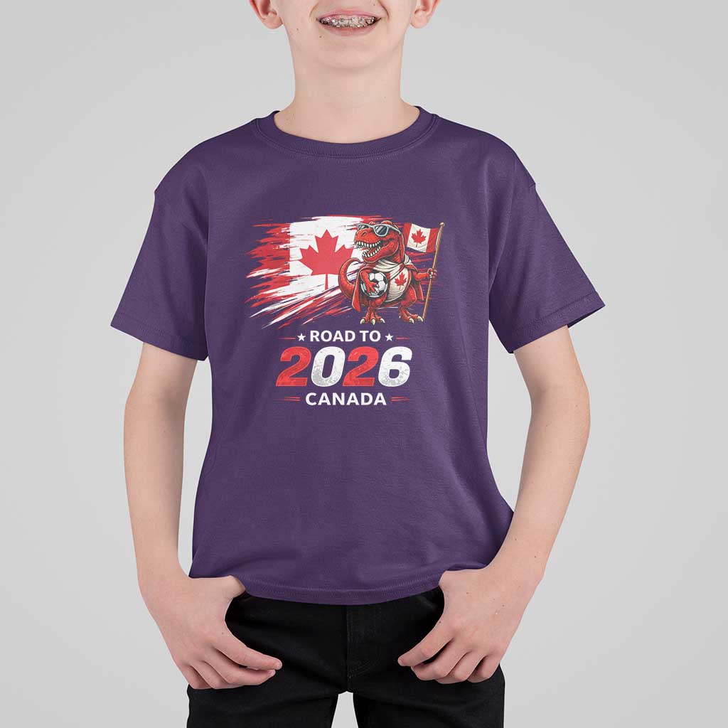 Funny Canada Soccer Dinosaur T Shirt For Kid Road To 2026