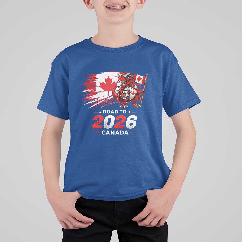 Funny Canada Soccer Dinosaur T Shirt For Kid Road To 2026
