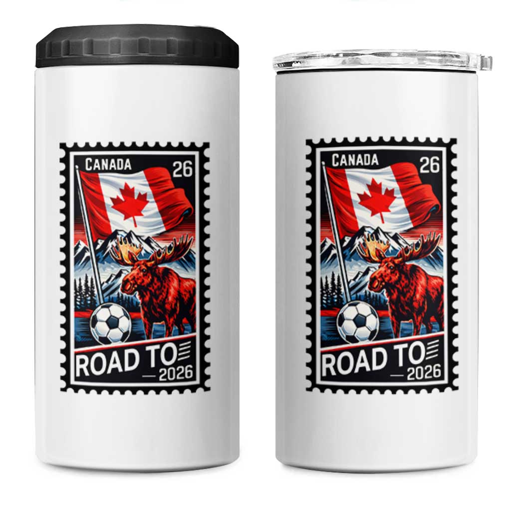 Canada Soccer Moose 4 in 1 Can Cooler Tumbler Vintage Postal Stamp Road To 2026