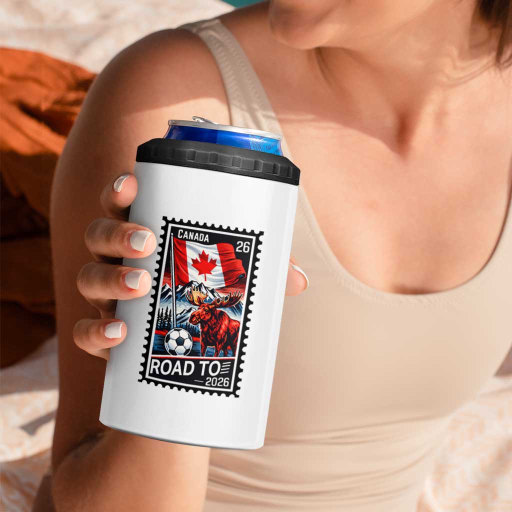 Canada Soccer Moose 4 in 1 Can Cooler Tumbler Vintage Postal Stamp Road To 2026