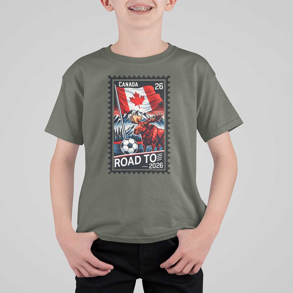 Canada Soccer Moose T Shirt For Kid Vintage Postal Stamp Road To 2026