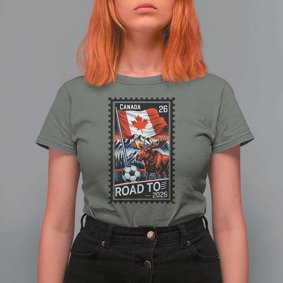 Canada Soccer Moose T Shirt For Women Vintage Postal Stamp Road To 2026
