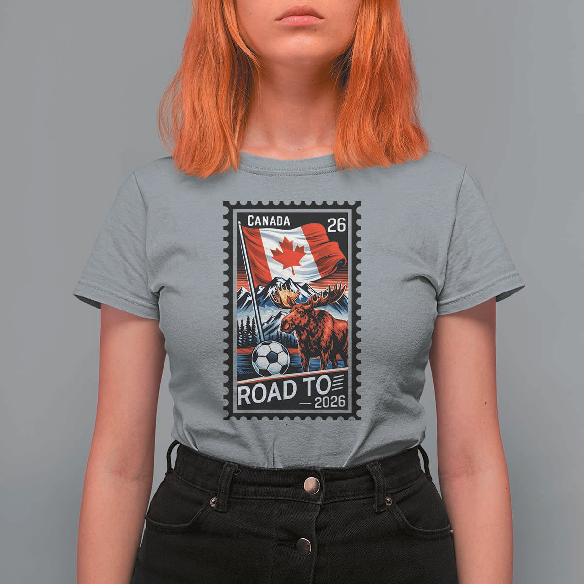 Canada Soccer Moose T Shirt For Women Vintage Postal Stamp Road To 2026