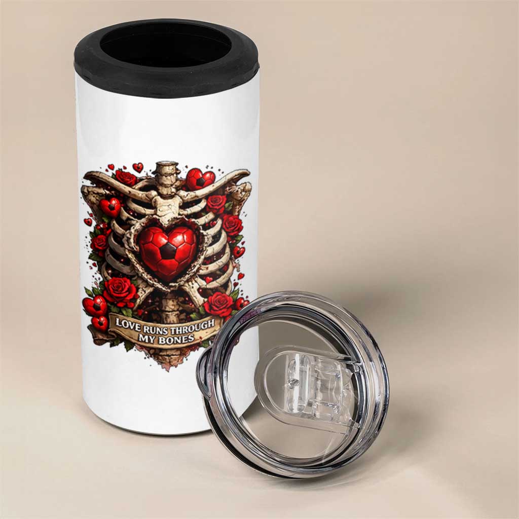 Love Runs Through My Bones 4 in 1 Can Cooler Tumbler Funny Skeleton Soccer Player Gift