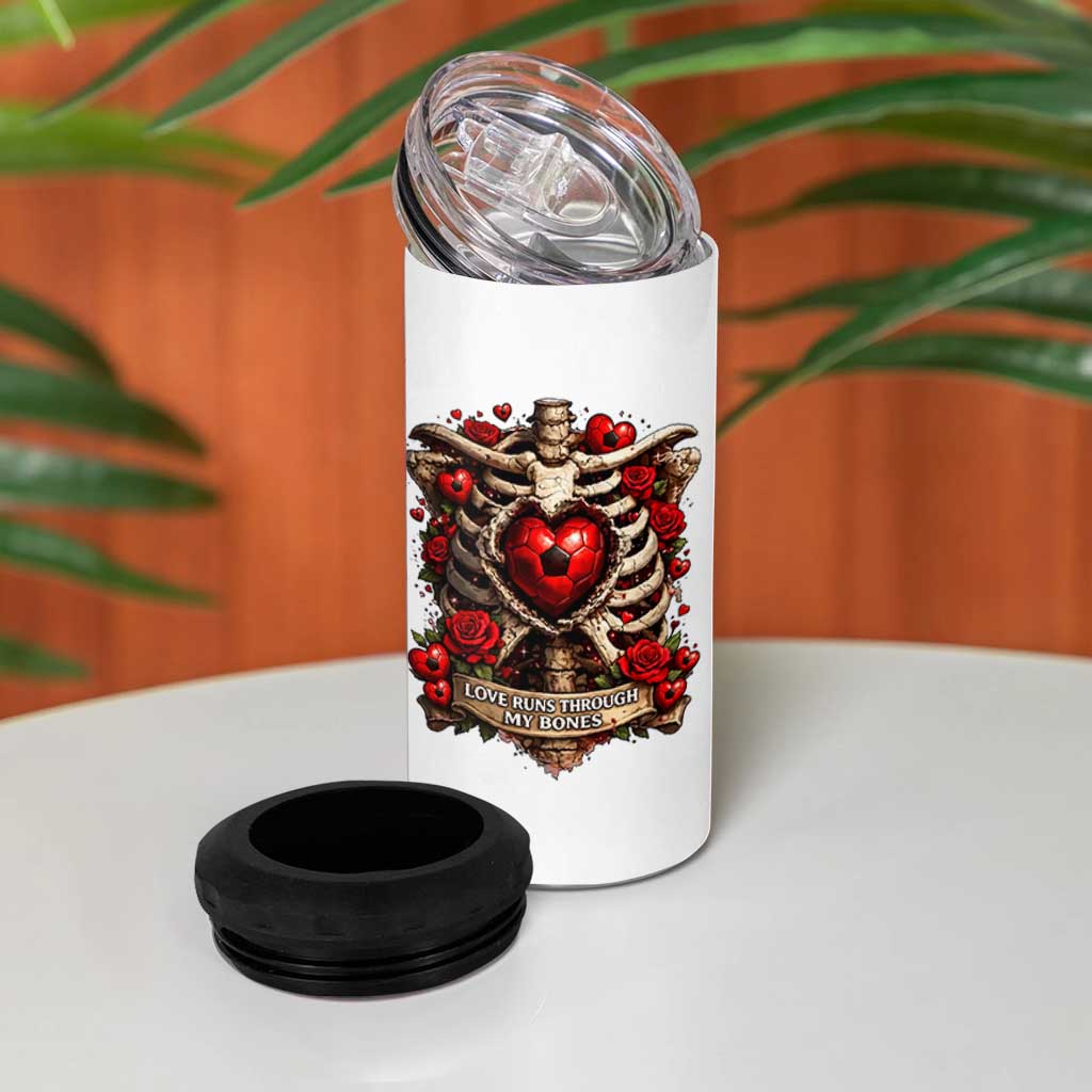 Love Runs Through My Bones 4 in 1 Can Cooler Tumbler Funny Skeleton Soccer Player Gift