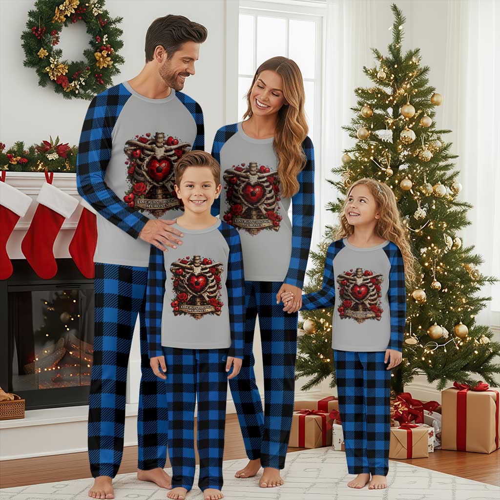 Love Runs Through My Bones Plaid Pajama Set Funny Skeleton Soccer Player Gift