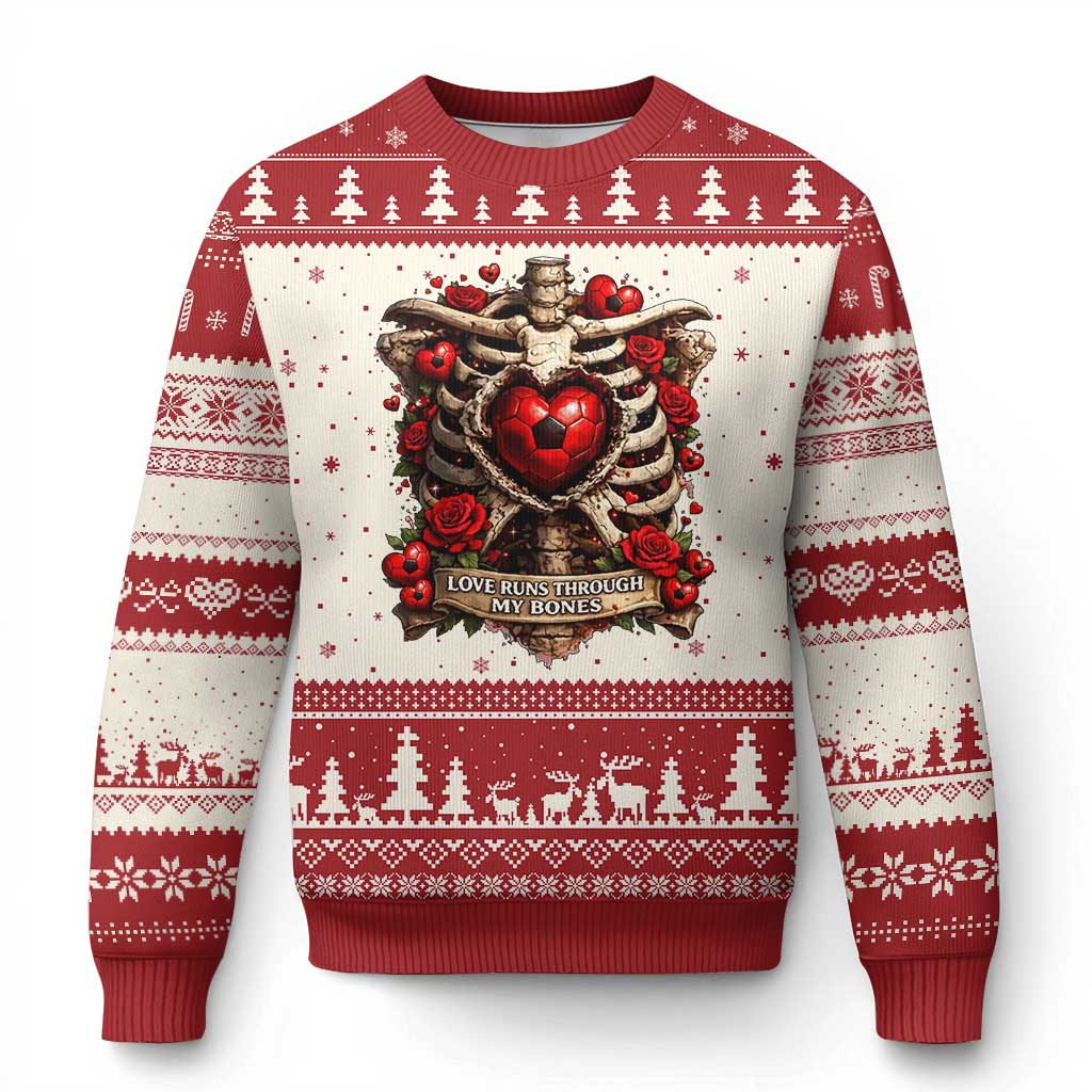 Love Runs Through My Bones Ugly Christmas Sweater Funny Skeleton Soccer Player Gift