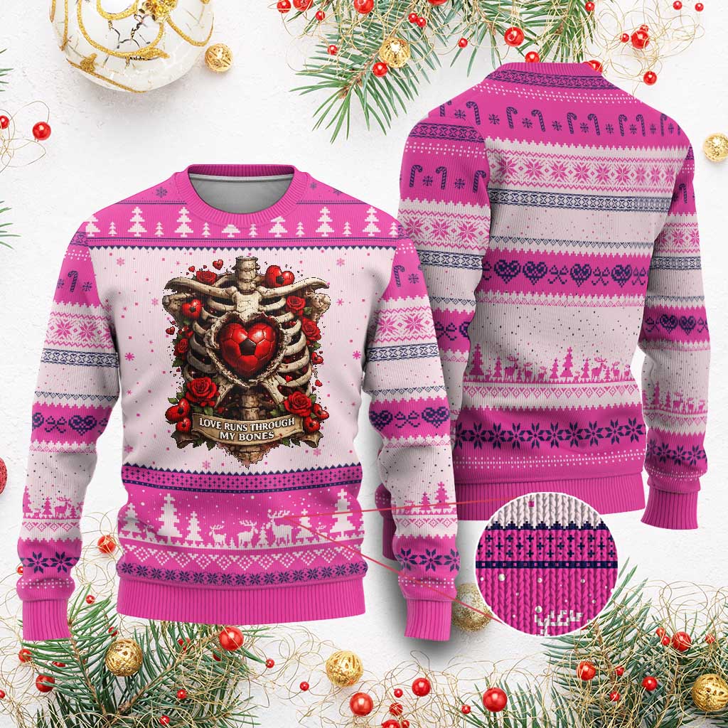 Love Runs Through My Bones Ugly Christmas Sweater Funny Skeleton Soccer Player Gift