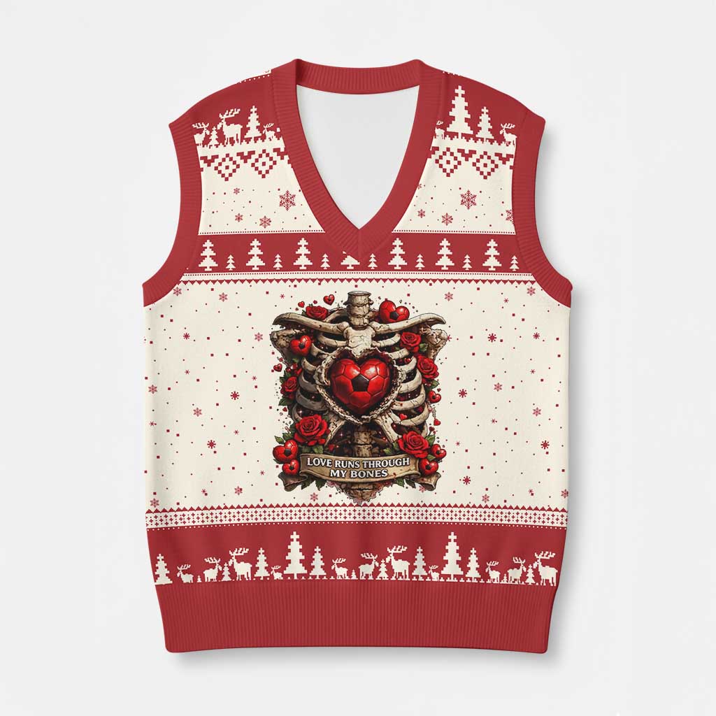 Love Runs Through My Bones V-Neck Knit Sweater Vest Funny Skeleton Soccer Player Gift
