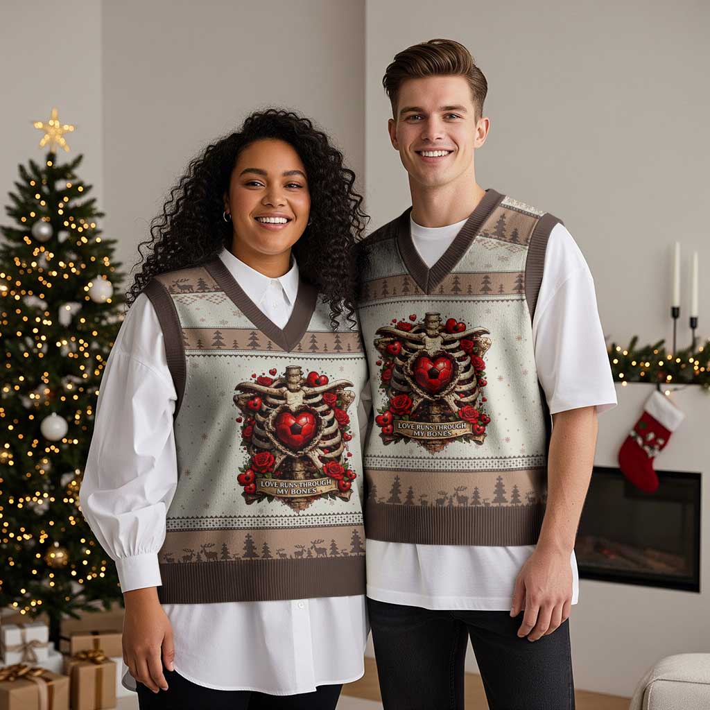 Love Runs Through My Bones V-Neck Knit Sweater Vest Funny Skeleton Soccer Player Gift