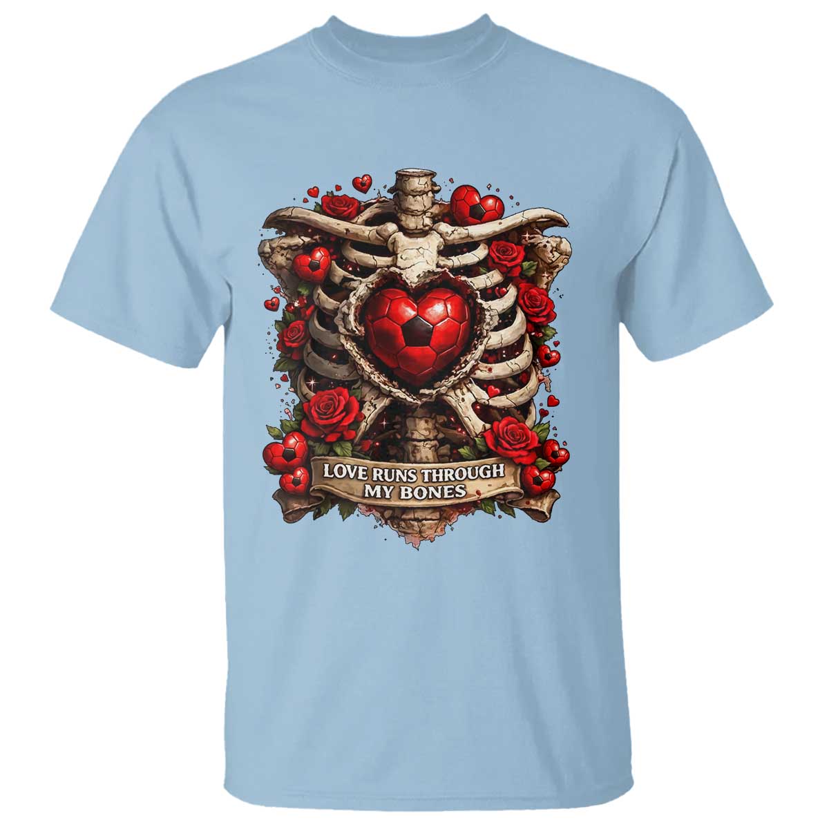 Love Runs Through My Bones T Shirt Funny Skeleton Soccer Player Gift