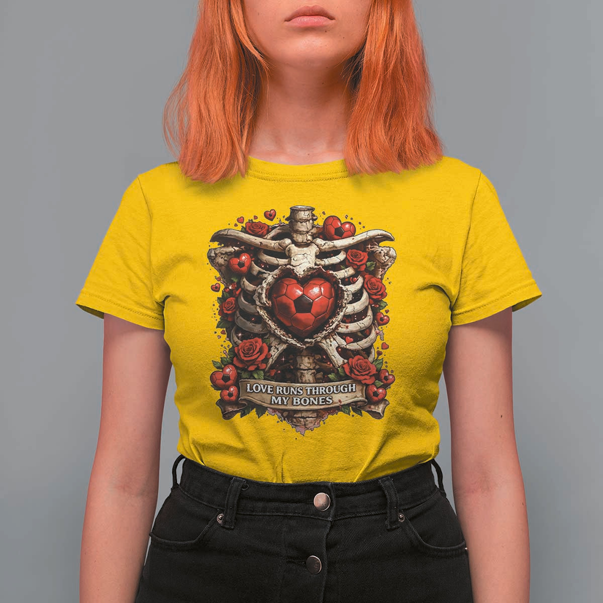Love Runs Through My Bones T Shirt For Women Funny Skeleton Soccer Player Gift