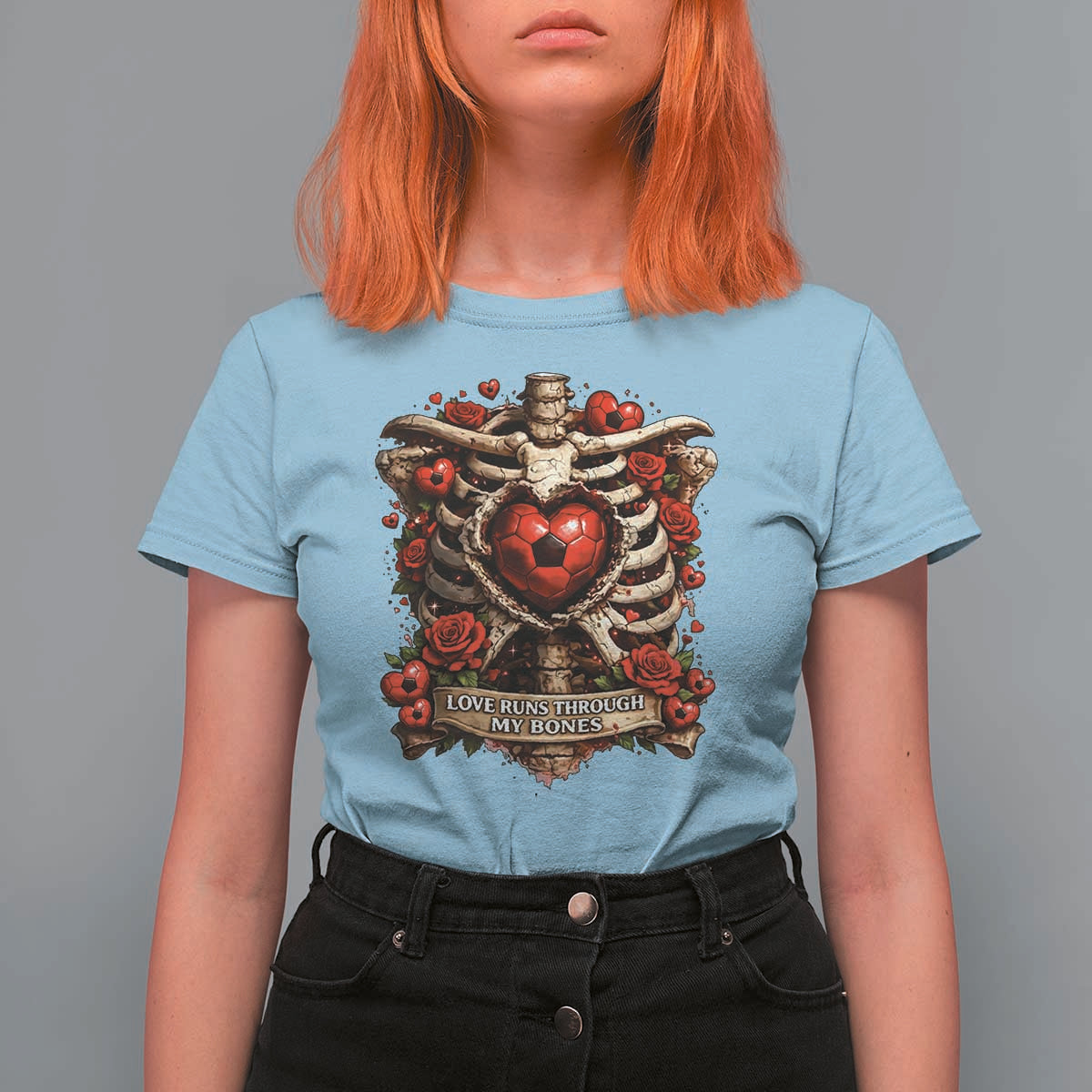 Love Runs Through My Bones T Shirt For Women Funny Skeleton Soccer Player Gift