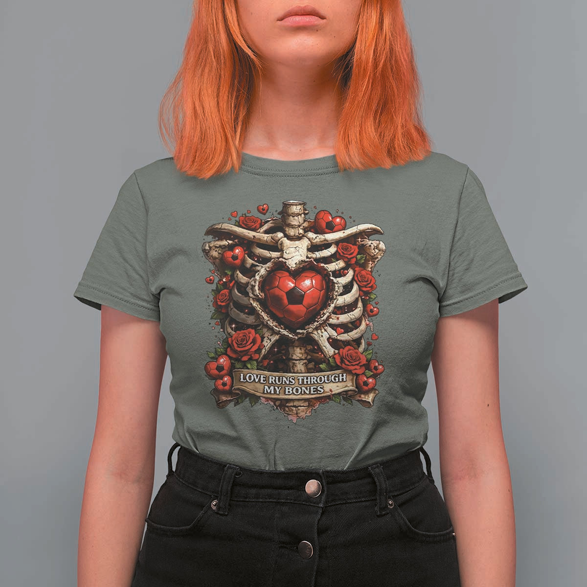 Love Runs Through My Bones T Shirt For Women Funny Skeleton Soccer Player Gift