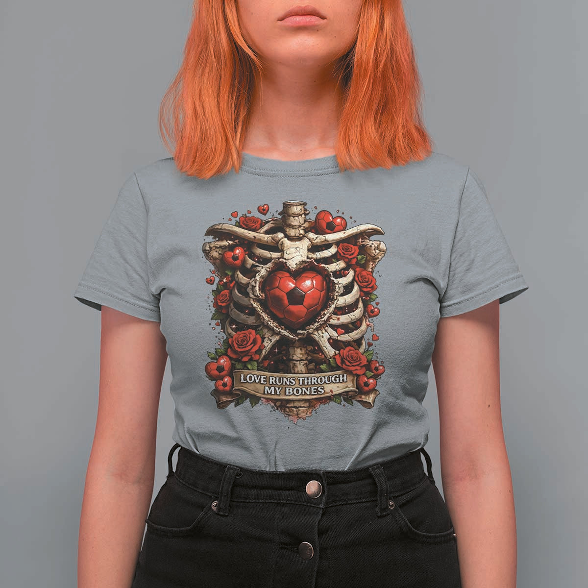 Love Runs Through My Bones T Shirt For Women Funny Skeleton Soccer Player Gift