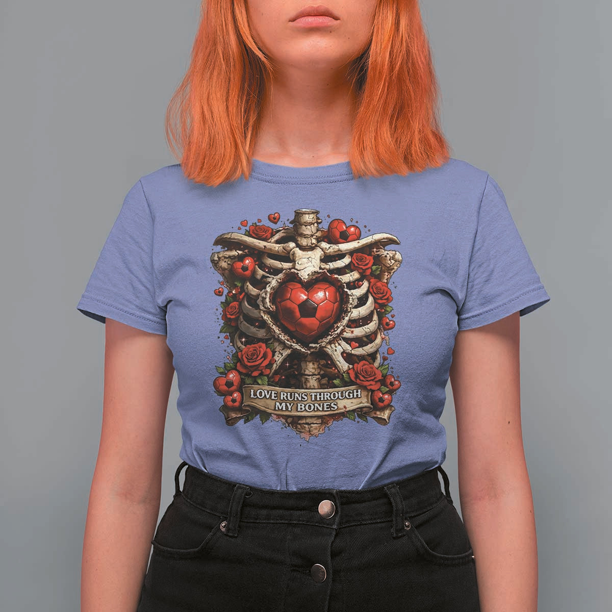 Love Runs Through My Bones T Shirt For Women Funny Skeleton Soccer Player Gift