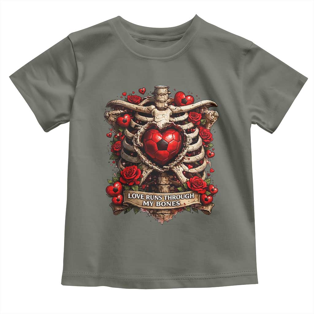 Love Runs Through My Bones Toddler T Shirt Funny Skeleton Soccer Player Gift