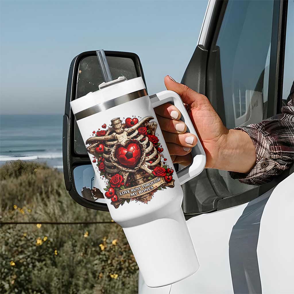 Love Runs Through My Bones Tumbler With Handle Funny Skeleton Soccer Player Gift
