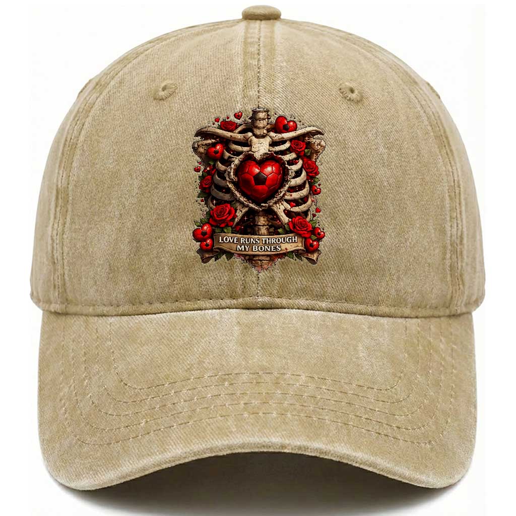 Love Runs Through My Bones Washed Cotton Baseball Cap Funny Skeleton Soccer Player Gift
