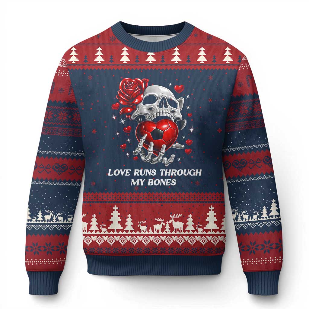 Love Runs Through My Bones Ugly Christmas Sweater Funny Skeleton Soccer Gift