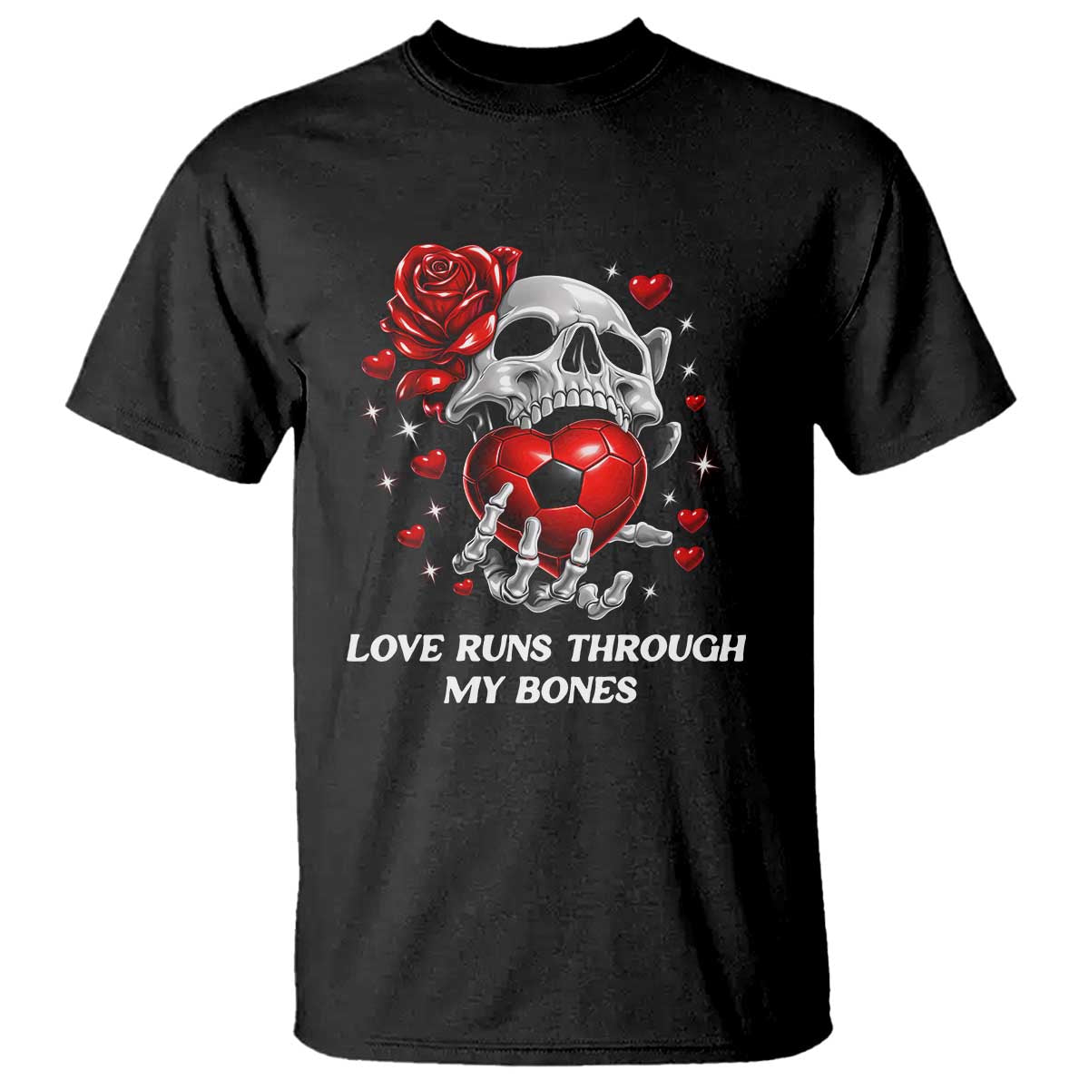 Love Runs Through My Bones T Shirt Funny Skeleton Soccer Gift