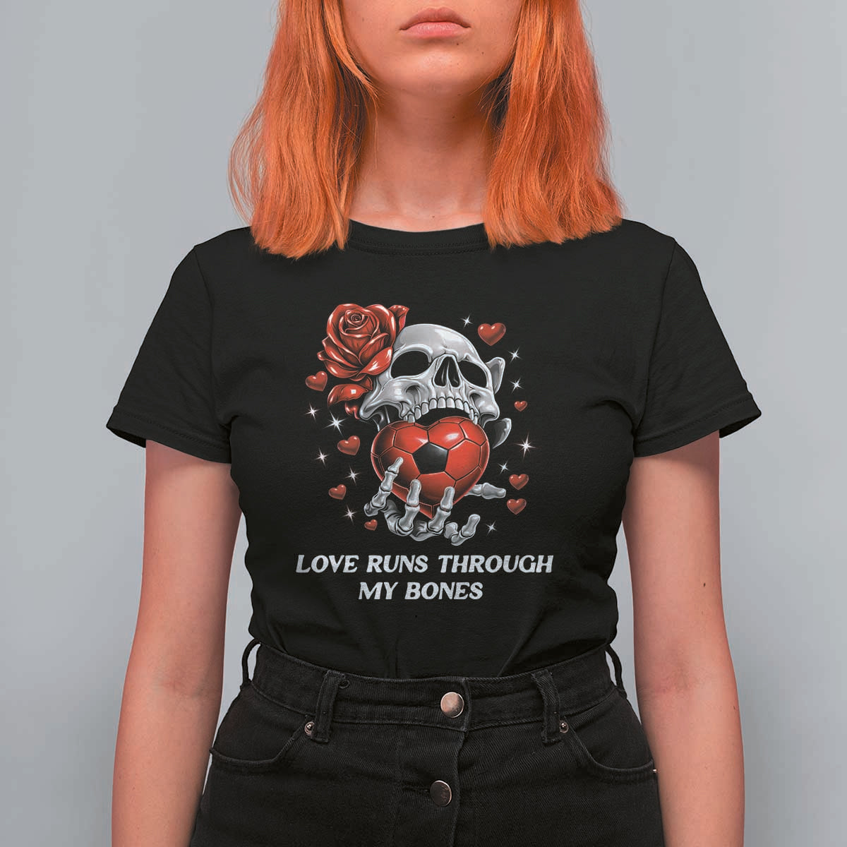 Love Runs Through My Bones T Shirt For Women Funny Skeleton Soccer Gift