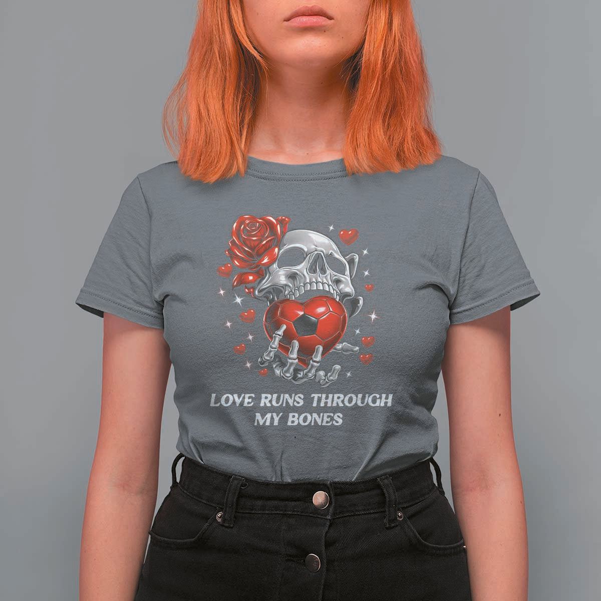 Love Runs Through My Bones T Shirt For Women Funny Skeleton Soccer Gift