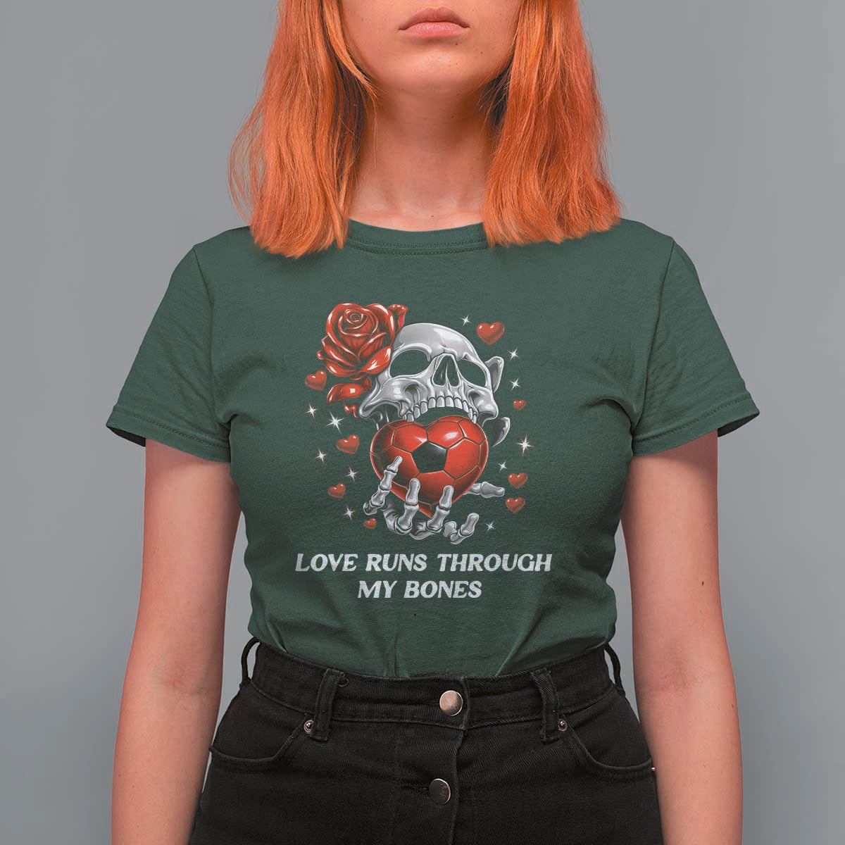 Love Runs Through My Bones T Shirt For Women Funny Skeleton Soccer Gift