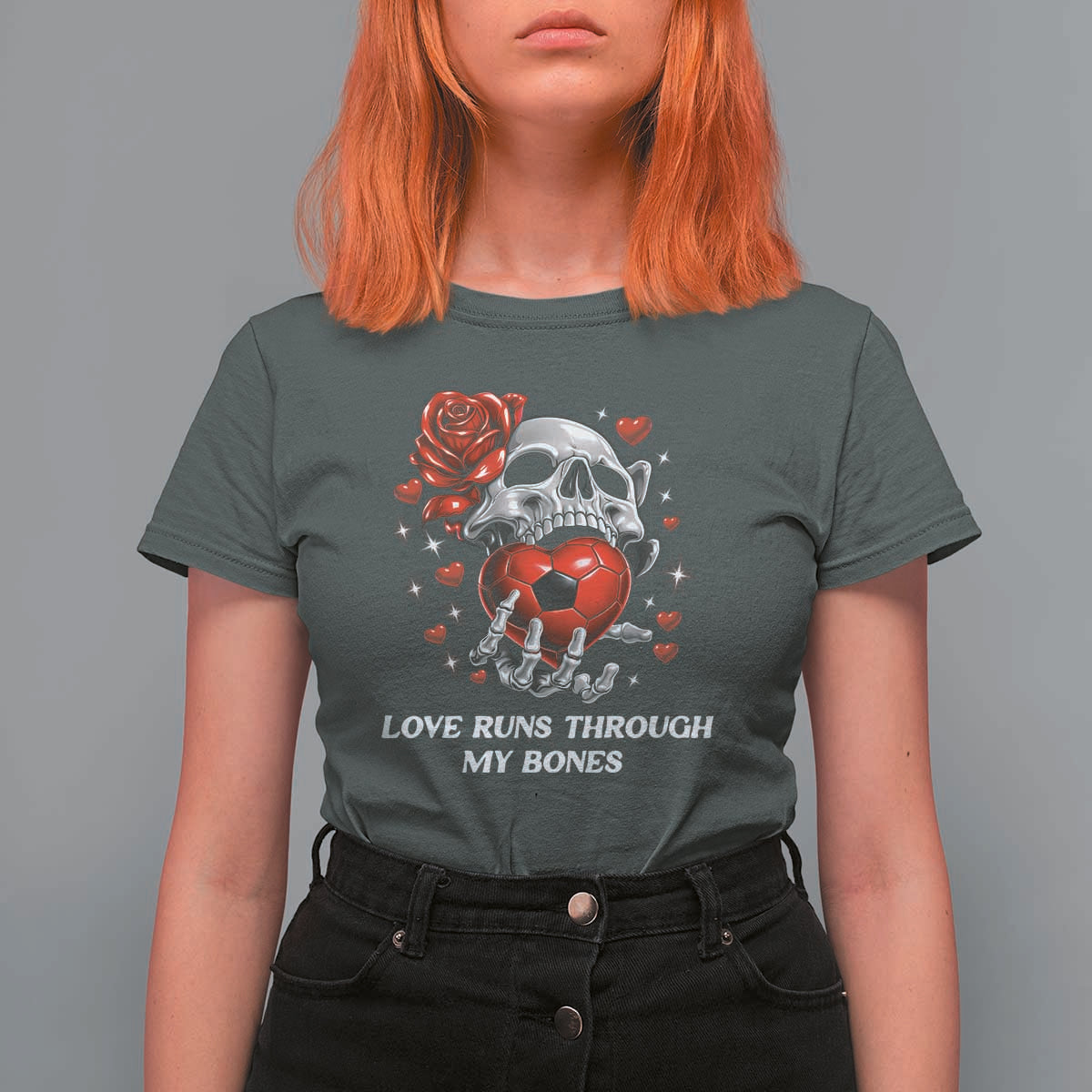 Love Runs Through My Bones T Shirt For Women Funny Skeleton Soccer Gift