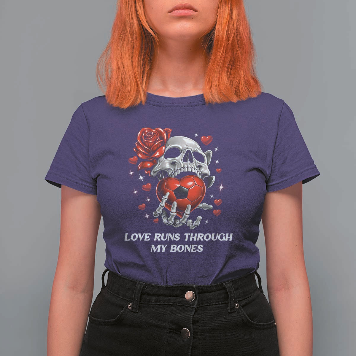 Love Runs Through My Bones T Shirt For Women Funny Skeleton Soccer Gift