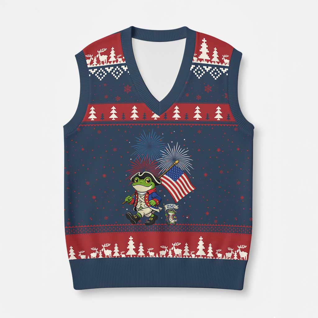 Funny Patriotic Frog V-Neck Knit Sweater Vest Celebrating 250 Years Of Freedom