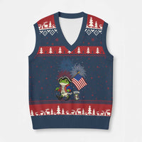 Funny Patriotic Frog V-Neck Knit Sweater Vest Celebrating 250 Years Of Freedom